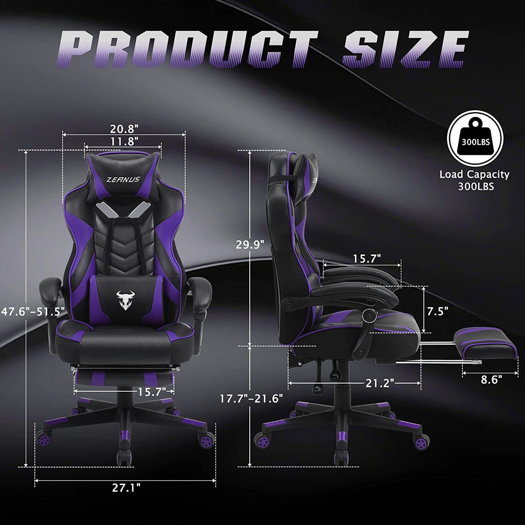 Purple Reclining Computer Chair with Footrest, High Back Gamer Chair with Massage, Large Racing Style Desk Chair for Gaming, Big and Tall Gaming Chairs for Adults